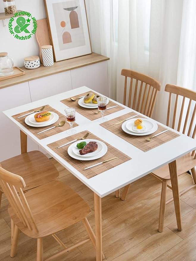 ANDSTAR 6 Pcs Natural Bamboo Placemat with Matching 1 Piece 12 x 72 Inch Table Runner Heat Resistant Oil-Proof Non-Slip Waterproof Easy to Clean Place Mats and Table Runner(Brown) …