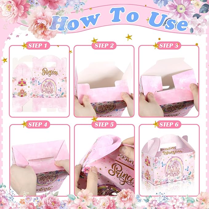 24 Pcs Princess Party Favors Boxes Little Princess Goodie Treat Candy Boxes with Handles Pink Gift Container for Birthday Party Baby Shower Supplies