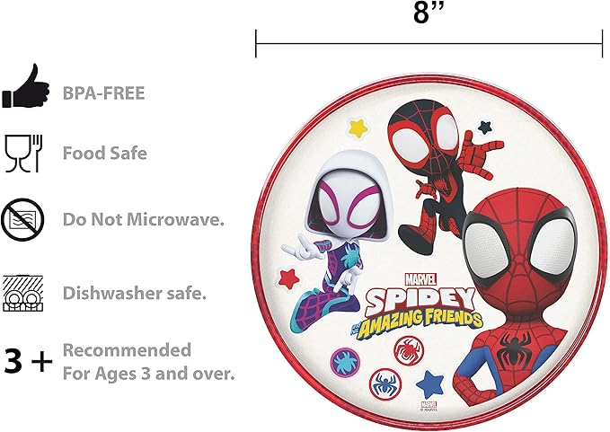 Zak Designs 5-Piece Dinnerware Set, Marvel Spidey and His Amazing Friends - Durable Plastic & Stainless Steel - Includes Water Bottle, Plate, Bowl, Fork & Spoon - Suitable for Kids Ages 3+