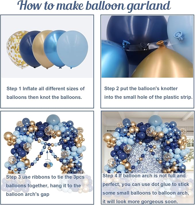 Navy Blue and Gold Balloons Arch Kit, 162pcs Different Sizes with Navy Pastel Blue Chrome Gold Confetti Balloons for 2025 Graduation Prom Anniversary Ocean Baby Shower Birthday Party Decorations