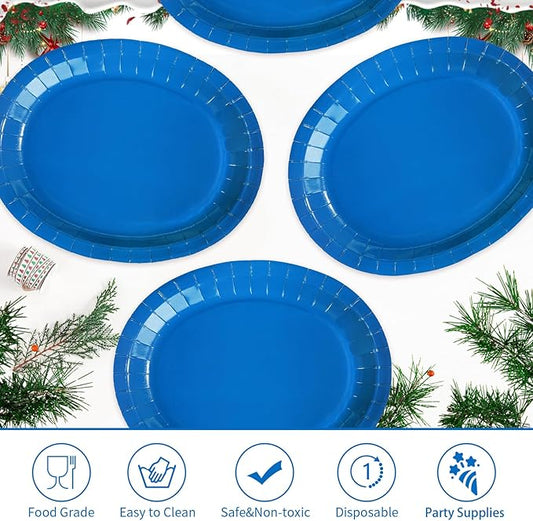 Grencian 50 PCS Blue Oval Paper Plates Blue Plate Large 10" X 12" Disposable 400GSM Paper Tableware Dinnerware for Birthday Winter Holiday Wedding Baby Shower Christmas Party Decorations