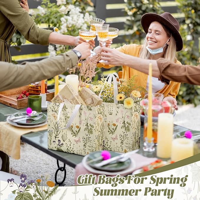 Abbylike 30 Pcs Wildflower Gift Bag Large Floral Shopping Bag Vintage Non Woven Tote for Party, 12.2 x 11.02 x 4.72 Inches