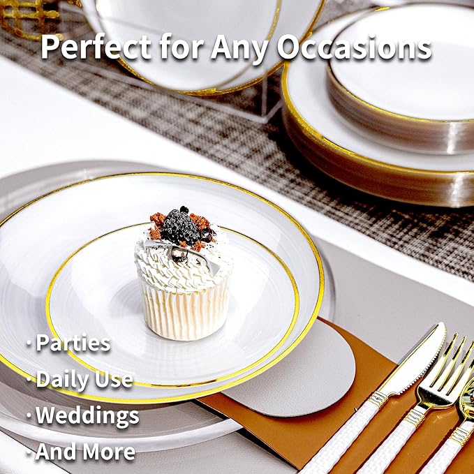 N9R 60PCS White Plastic Plates with Gold Rim, Elegant Disposable Plates, Circular Ribbed Design, 30 Dinner & 30 Dessert Plate for Parties, Weddings, Banquets, and Events (Translucent White)