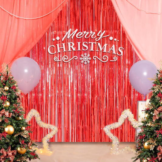 Accevo Red Party Streamers 3 Pack Metallic Foil Fringe Curtains Backdrop Curtains 3.2x8.2 Ft Tinsel Streamers for Parties Valentine's Day Christmas Carnival Decorations Casino Theme Party Decor