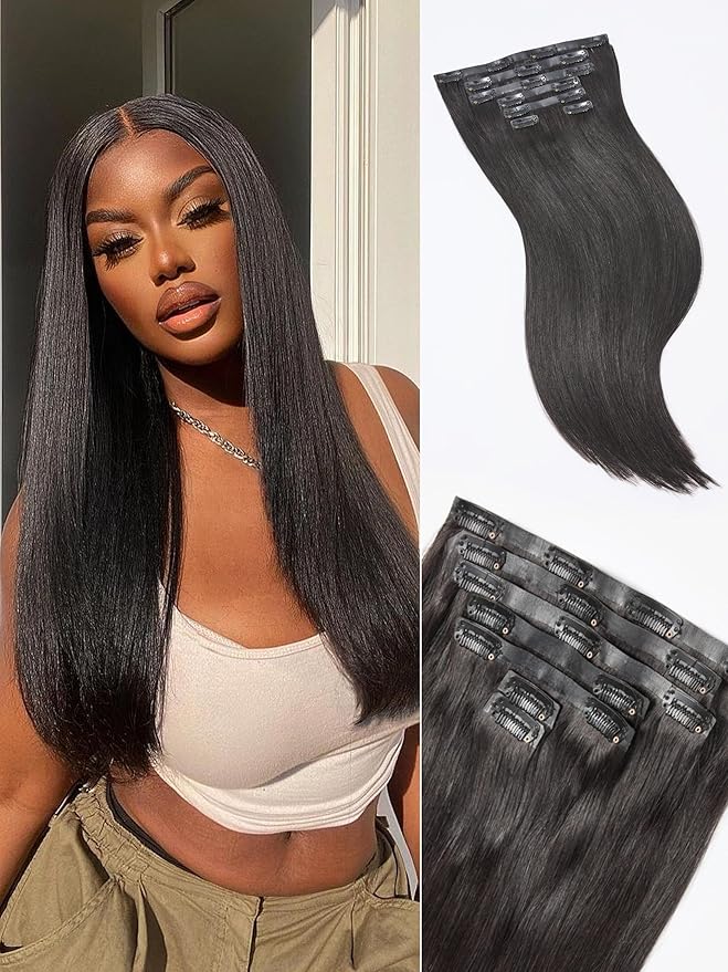 LUVME Yaki Straight Seamless Clip in Hair Extensions 110g, 22 Inch Natural Black, 100% Real Remy Human Hair, Soft Full Volume, Easy Clip Ins for Daily Wear, Work, Parties & Weddings