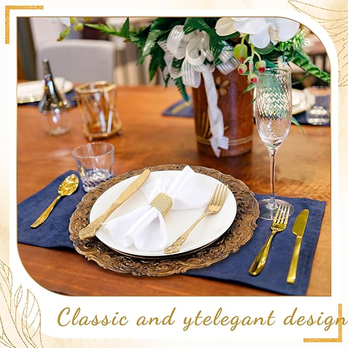 12 Pcs Antique Gold Charger Plates Bulk 13 Inch Embossed Rim Plastic Round Decorative Vintage Plates Charger for Dinner Wedding Party Event Table Setting Decoration (Classic)