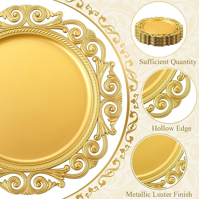 12 Pcs Vintage Gold Charger Plates Bulk 13 Inch Embossed Rim Plastic Round Decorative Plates Charger for Dinner Wedding Party Event Table Setting Decoration (Hollowed out Wave)