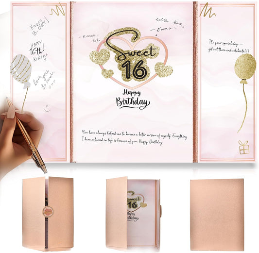 Sweet 16 Birthday Rose Gold Guest Book Party Decorations for Girls 12"x18" - 16 Years Guest Book Alternative - Sweet Sixteen Party Keepsake - Sign In Poster Card, 16th Birthday Gifts - No Pen
