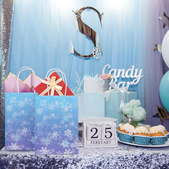 ReliThick 30 Pcs Snowflake Paper Bags Iced Candy Treat Goodie Gift Bags with Handle Blue and Purple Party Favors for Princess Holiday Birthday Wonderland Party Supplies (5.91 x 8.27 x 3.15 inches)