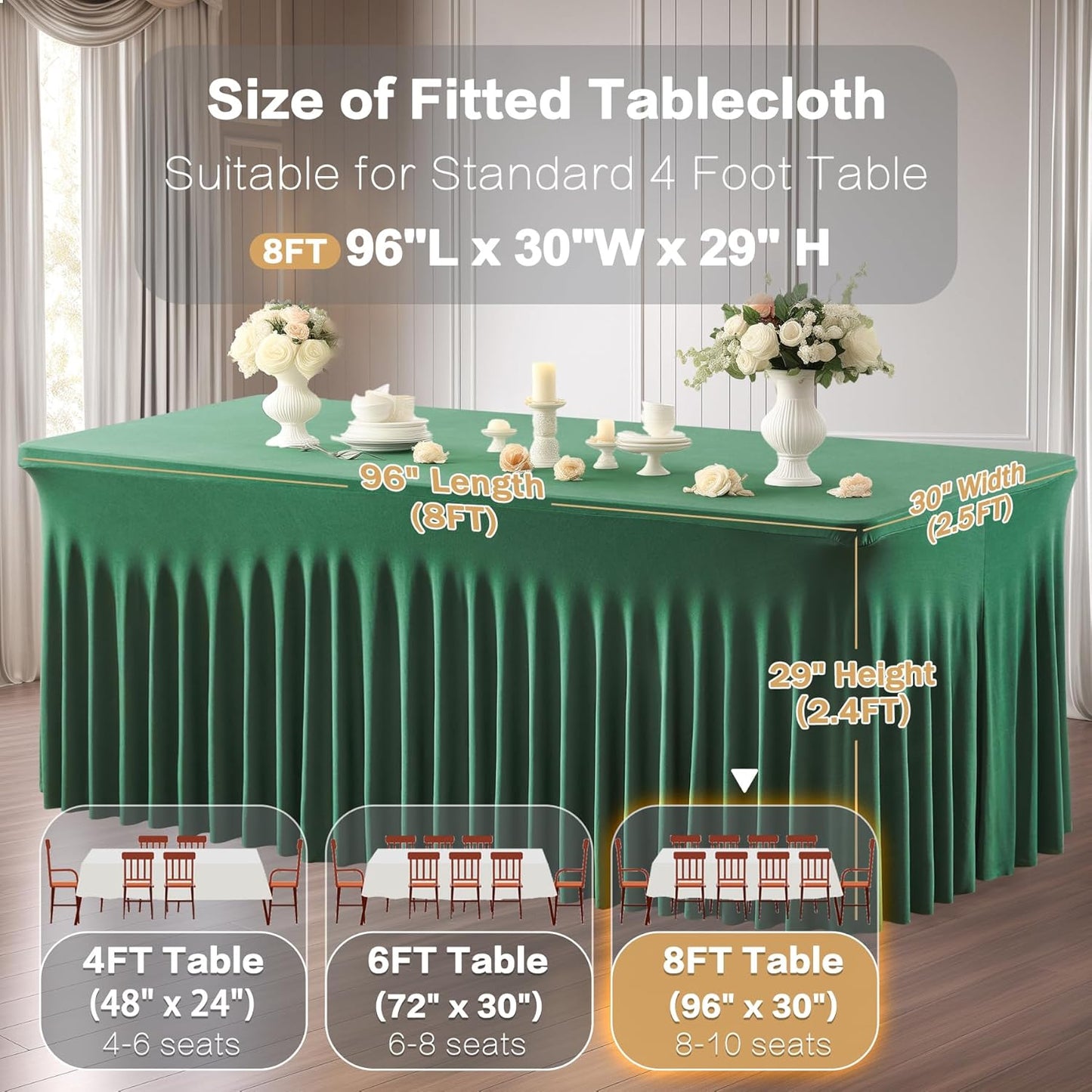 6 Packs Green Spandex Tableclothes for 8 Foot Rectangle Table, Spandex Table Covers 8FT Stretch Christmas Table Skirts Wrinkle Free Fitted Table Cover for Christmas, Wedding, Banquet & Parties