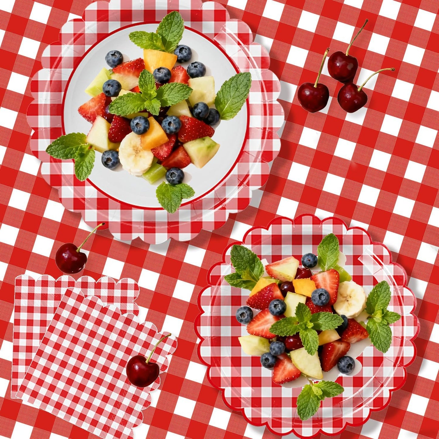 102 PCS Red Gingham Party Supplies - Scalloped Plates, Napkins, Cups, Forks, Banner, Gingham Tablecloth for Baby Shower, Birthday, Picnic Party Decorations, Serves 25