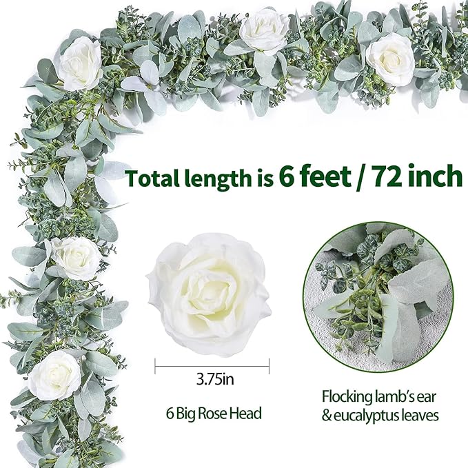 Miracliy 6 Ft Eucalyptus Garland with Flowers, Lambs Ear Greenery White Roses Flower Garland Fake Vines for Wedding Boho Table Mantle Backdrop Party Farmhouse Home Decor