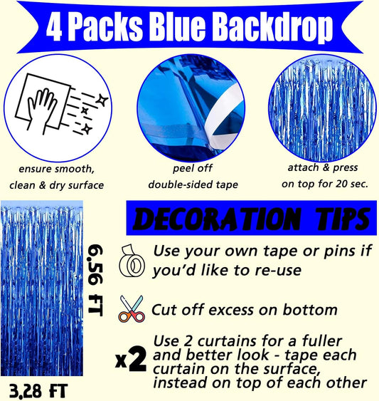 4 Pack Blue Fringe Curtain Backdrop, 3.2Ft x 6.6Ft Metallic Tinsel Foil Fringe Streamers Background for Photo Booth Birthday Wedding Baby Shower Easter Shark Pool Ocean Underwater Party Decorations