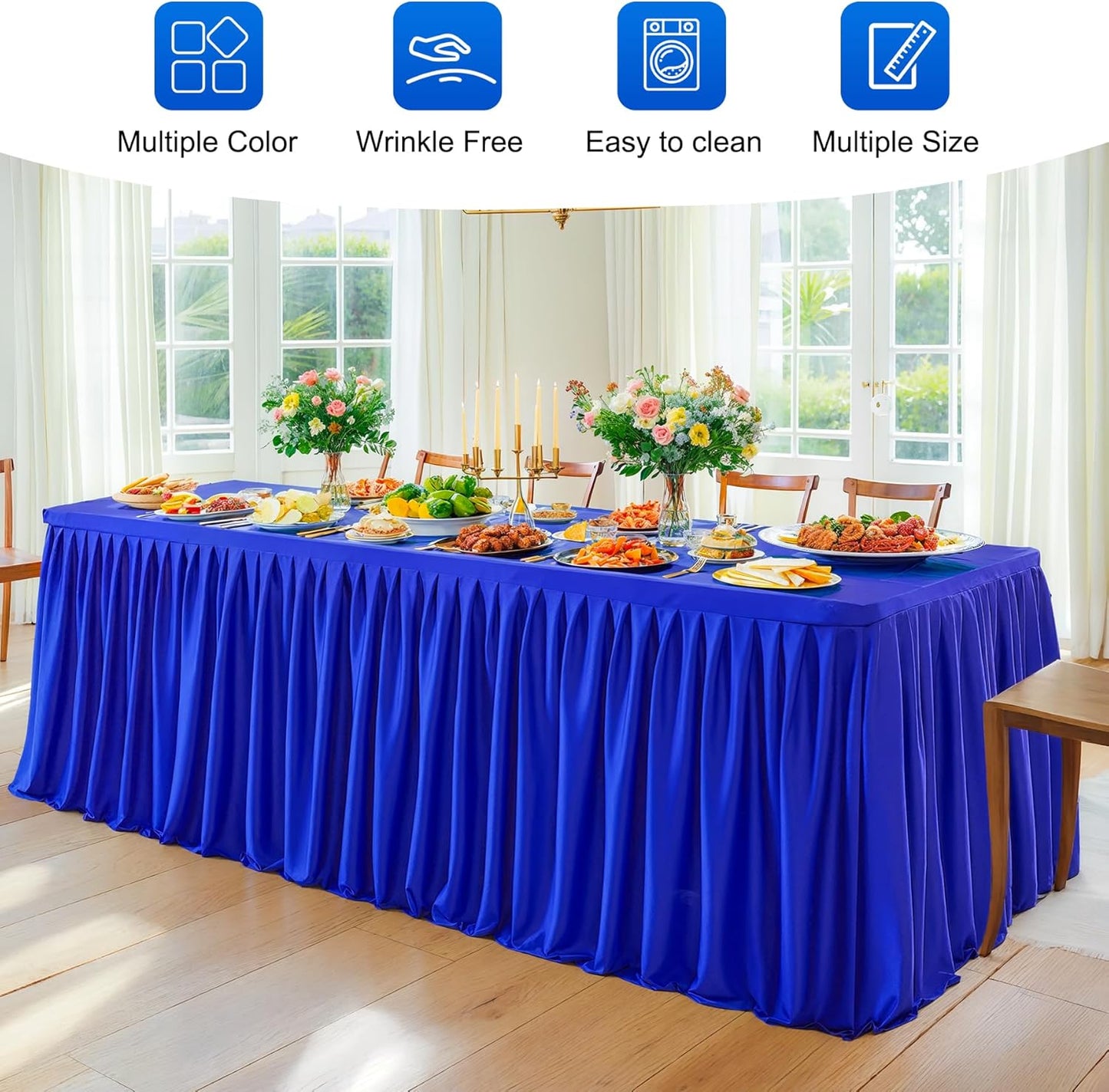 Royal Blue Polyester Table Clothes for 4 Foot Rectangle Tables, Wrinkle Free Fitted Table Cover 4ft Stretch Tablecloths with Skirt for Parties Weddings Birthday Banquet Baby Shower