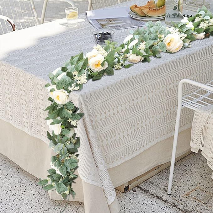 Uguisu 2Pcs Artificial Garland with Roses, 5.9ft Greenery Eucalyptus Garland for Wedding, Party, Mantel, Table, Indoor and Outdoor Decoration. Champagne