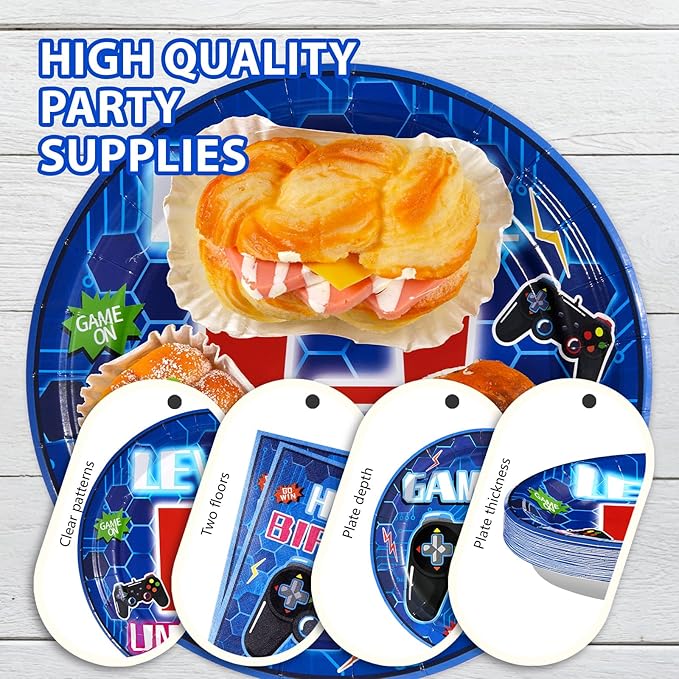 Grencian 96Pcs 13th Birthday Party Decorations Blue Video Game Plates Disposable Blue Official Teen 13th Birthday Paper Tableware Set for Boys 13 Year Old Video Game Theme Party Supplies, Serves 24