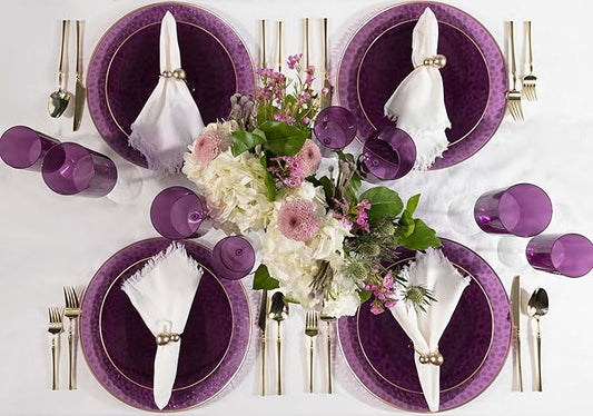 [Purple Hammered With Gold Rim 8 Pack] 13'' Charger Plates Purple Hammered With Gold Rim Plastic Heavy Duty Dinner Chargers Serveware Dishes Tableware for parties, Weddings & More