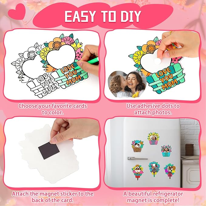 24 Set Mothers Day Crafts Picture Frame Fridge Magnet with Paint Pen Magnet, Mothers Day DIY Art Paper Flower Decorations Kit for Classroom Gifts School Craft Activities Home Party Favor Bulk Supplies