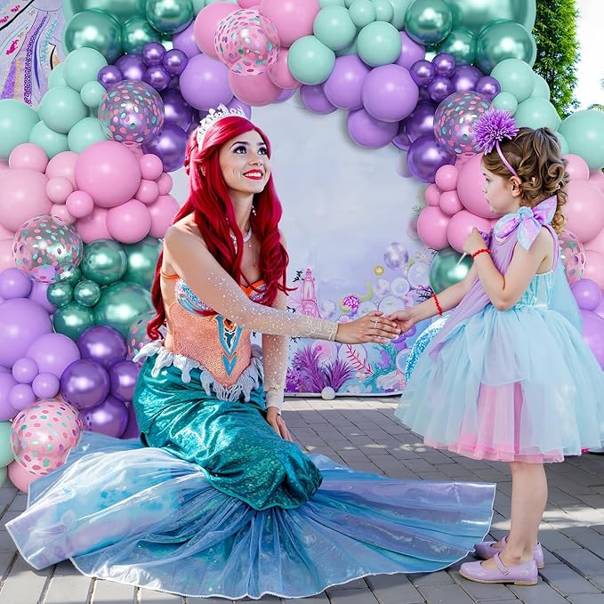 Amandir 153pcs Mermaid Balloon Garland Arch Kit, Different Sizes 18 12 10 5 inch Purple Pink Green Latex Metallic Confetti Balloons for Girl Ocean Themed Party Decorations