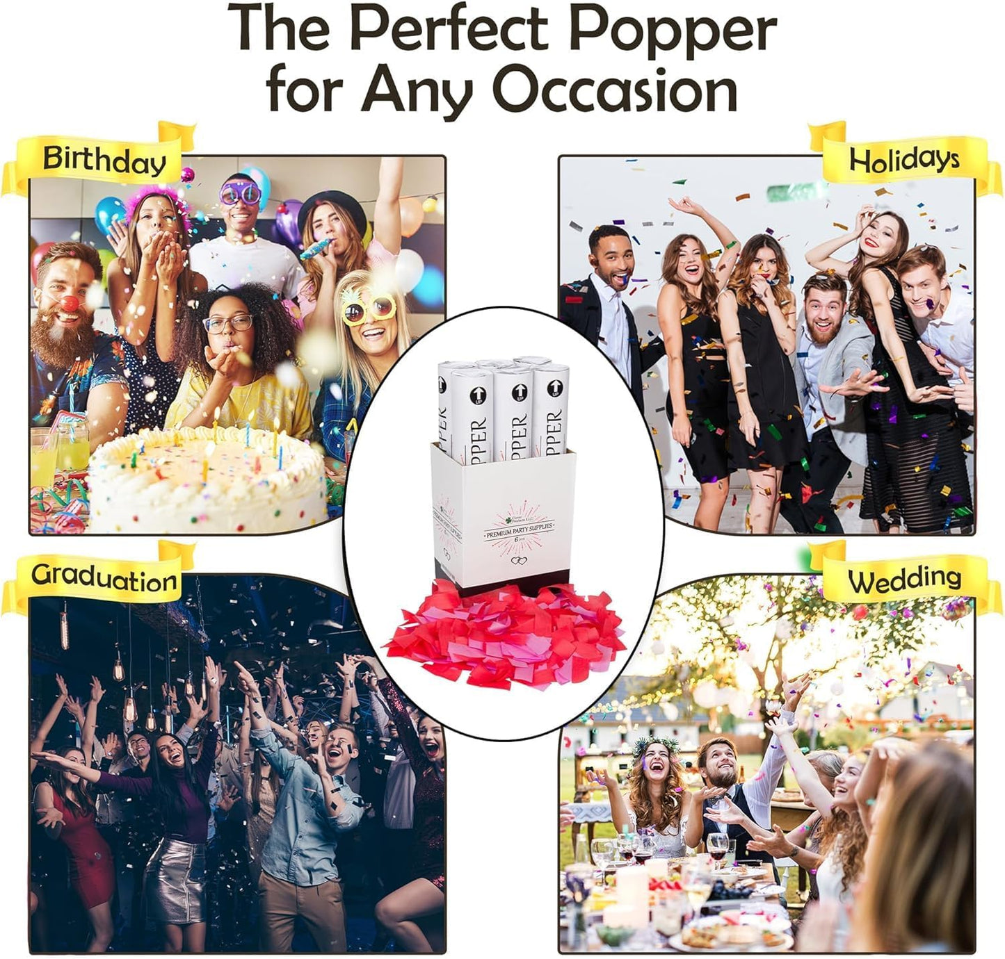 Clover Products 12" Biodegradable Confetti Poppers | 6 Pack | Red & Pink Poppers for Weddings, Birthdays & Events | Air-Powered, Safe & Easy to Use | Shoots 25 Feet for Indoor & Outdoor Celebrations