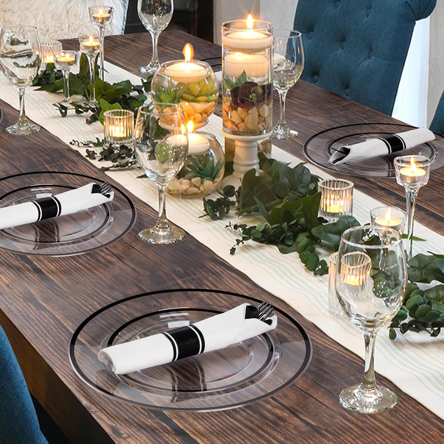 Goodluck 350 Piece Black Plastic Dinnerware Set for Party, Clear Disposable Plates for 50 Guests, Include: 50 Dinner Plastic Plates, 50 Dessert Plates, 50 Pre Rolled Napkins with Cutlery Set, 50 Cups