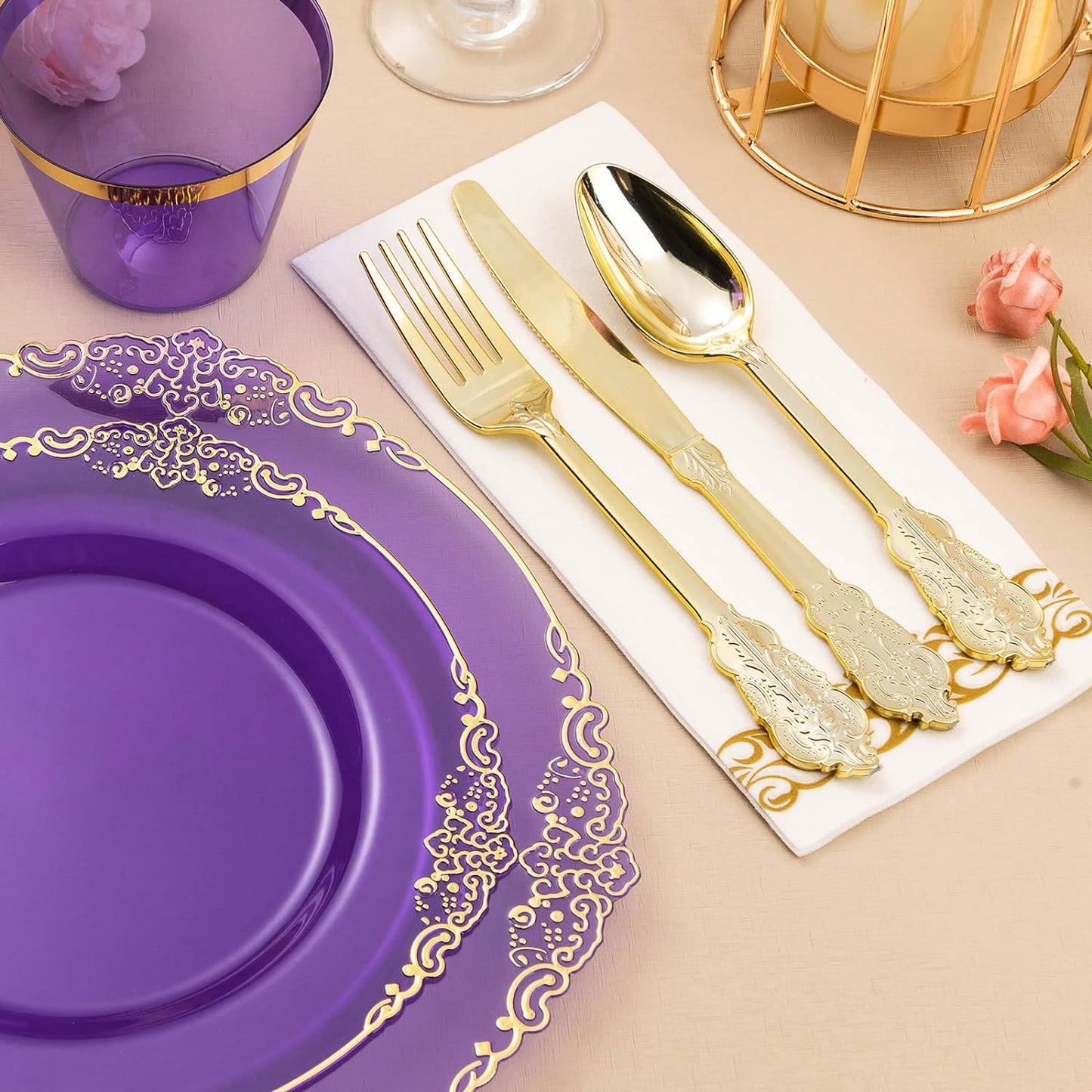 700PCS Clear Purple Plastic Plates for 100 Guests, Disposable Plate with Gold Trim include 100 Dinner plates, 100 Dessert Plates, 100 Gold Silverware, Cups and Napkins for Party, Graduation