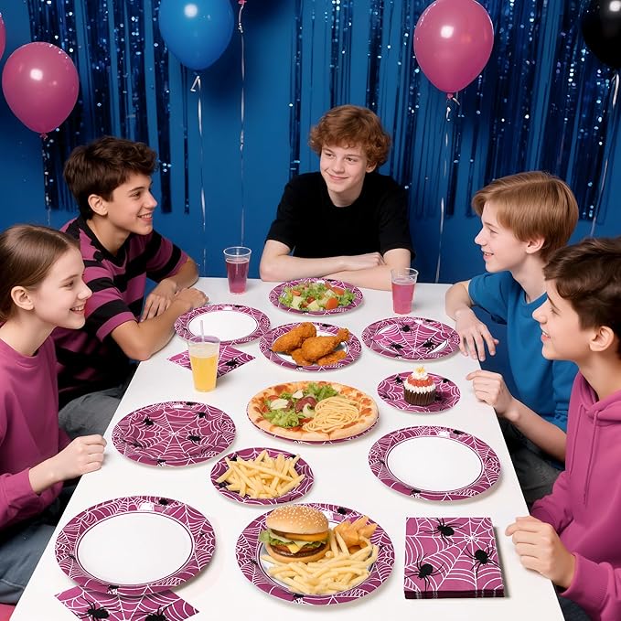 75pcs Spider Party Supplies, 25 Guest Disposable Pink Paper Plates & Napkins, Tableware Decorations Favors, Including 9" & 7" Plates & Napkins for Halloween, Birthday, Parties, and Everyday Use