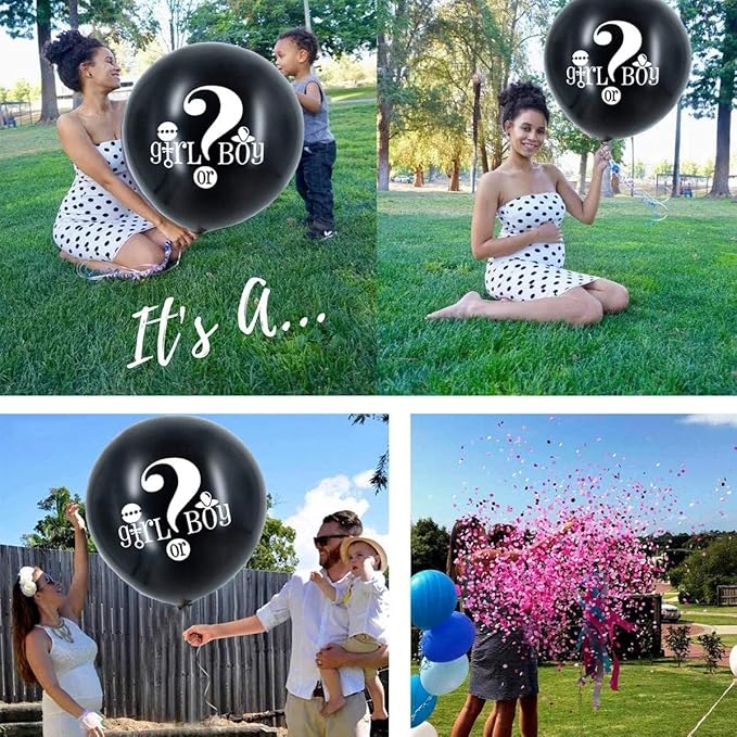 2pcs 36 inch Gender Reveal Balloon Pop Kit with Blue and Pink Confetti Poppers, Big Black Balloons for Baby Shower