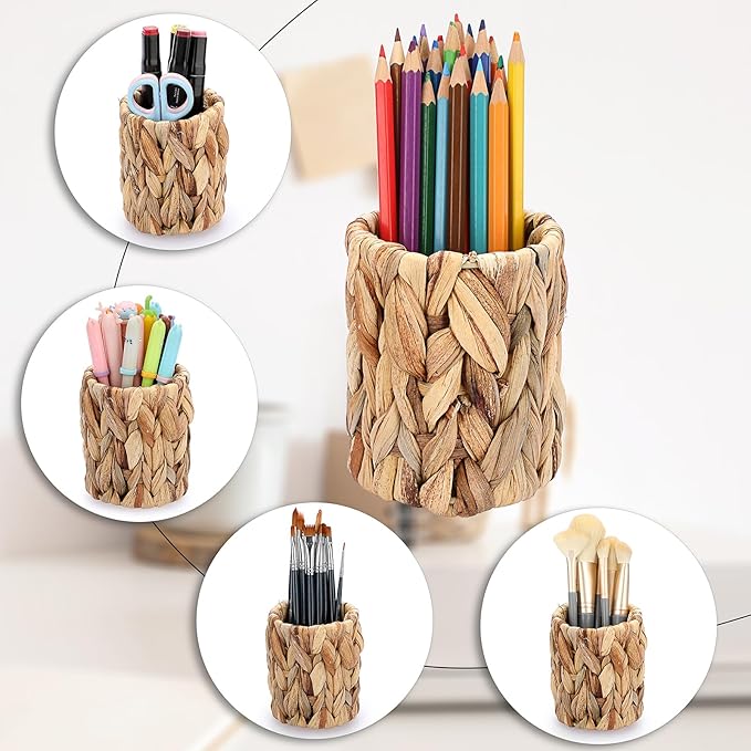 BTSKY 3 Pack Water Hyacinth Pencil Holder, Handmade Wicker Pen Cup Makeup Brushes Holder, Pens Pencil Cup Organizer Chic Woven Desktop Accessories Pen Container Box for Office Home Desktop, Cylinder