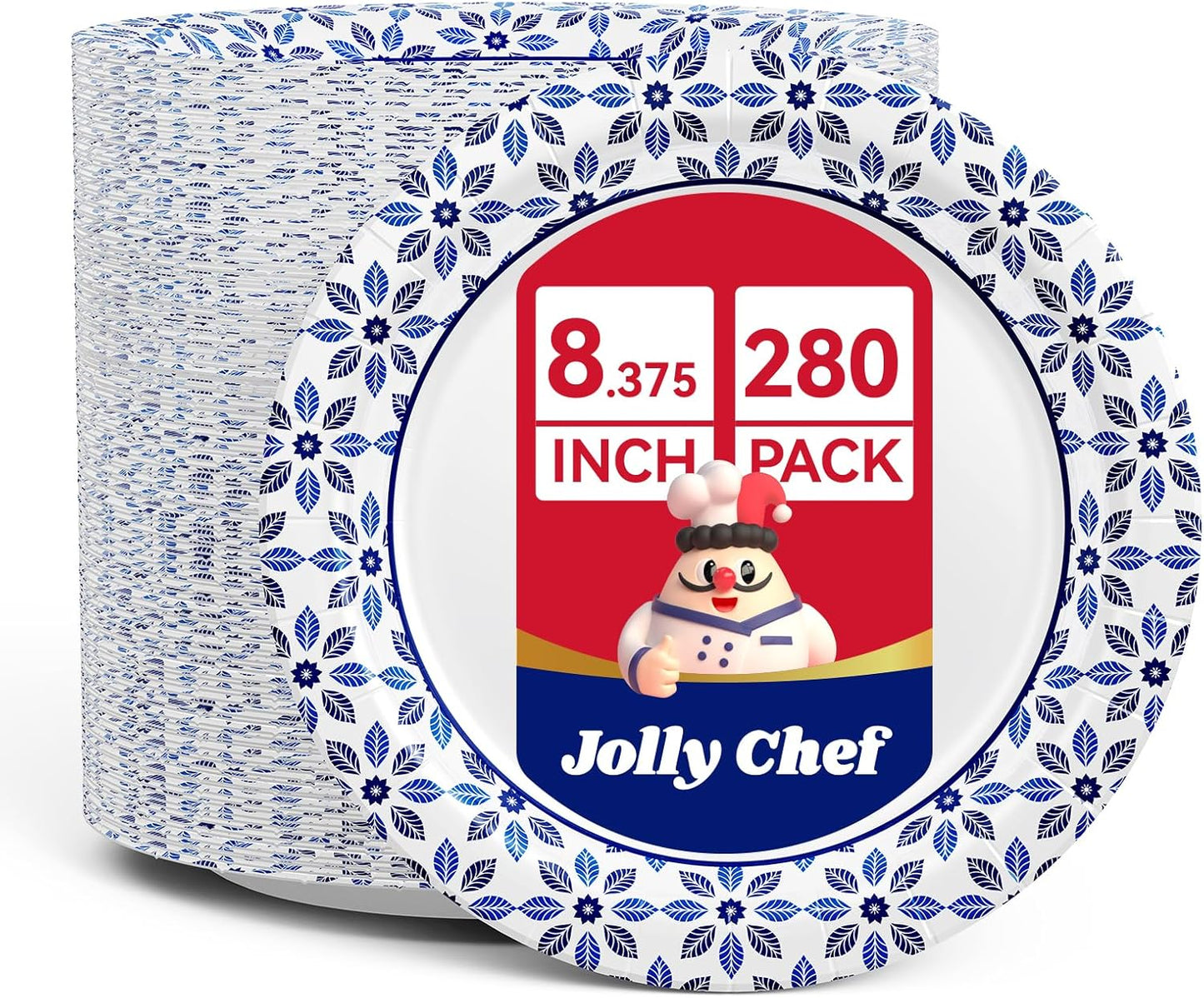 JOLLY CHEF 8.37 inch Paper Plates 280 Count Soak Proof, Cut Proof, Heavy Duty Printed Disposable Plate for Thanks Giving or Everyday Use