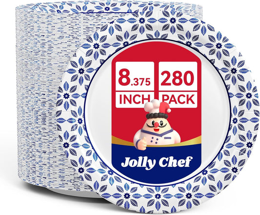 JOLLY CHEF 8.37 inch Paper Plates 280 Count Soak Proof, Cut Proof, Heavy Duty Printed Disposable Plate for Thanks Giving or Everyday Use