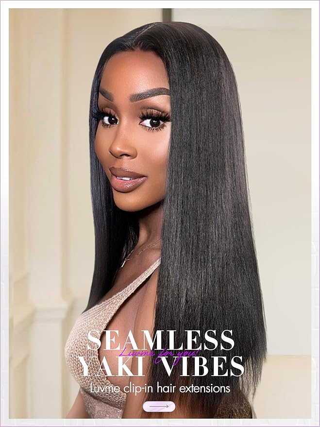 LUVME Yaki Straight Seamless Clip in Hair Extensions 70g, 20 Inch Natural Black, 100% Real Remy Human Hair, Soft Full Volume, Easy Clip Ins for Daily Wear, Work, Parties & Weddings