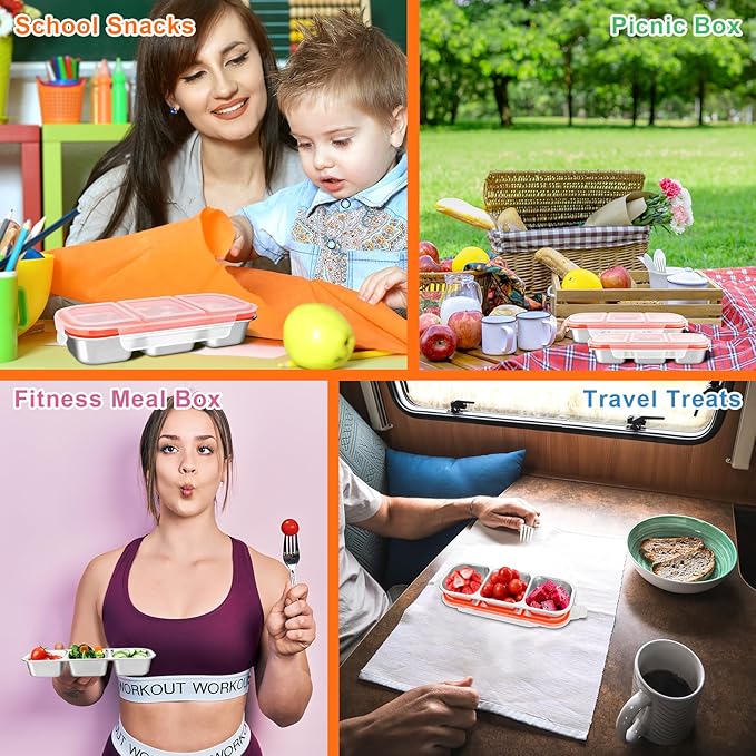 4 Pack Stainless Steel Snack Containers, 3 Compartment Metal Snack Container with Lids, Stackable Leak Proof Lunch Box for Home, Camping, Office,Work(3 Grid Lunch Box)