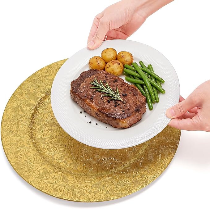 ZOOFOX 12 Pack Gold Charger Plates, 13" Plastic Round Antique Plate Chargers for Dinner Plates, Floral Charger Plates for Wedding Dinner Party Table Setting Decor