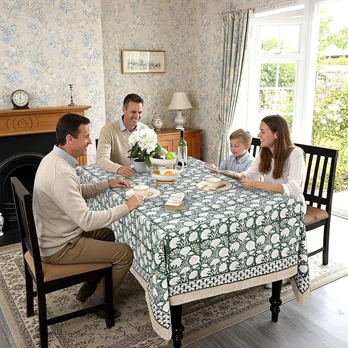 Ridhi Hand Block Print Turquoise Moss Green Rectangle Cotton Tablecloth 140" x 72" Reusable Table Cover Decorative Everyday Use for Dining, Farmhouse, Home Gift for Spring, Easter, Valentine
