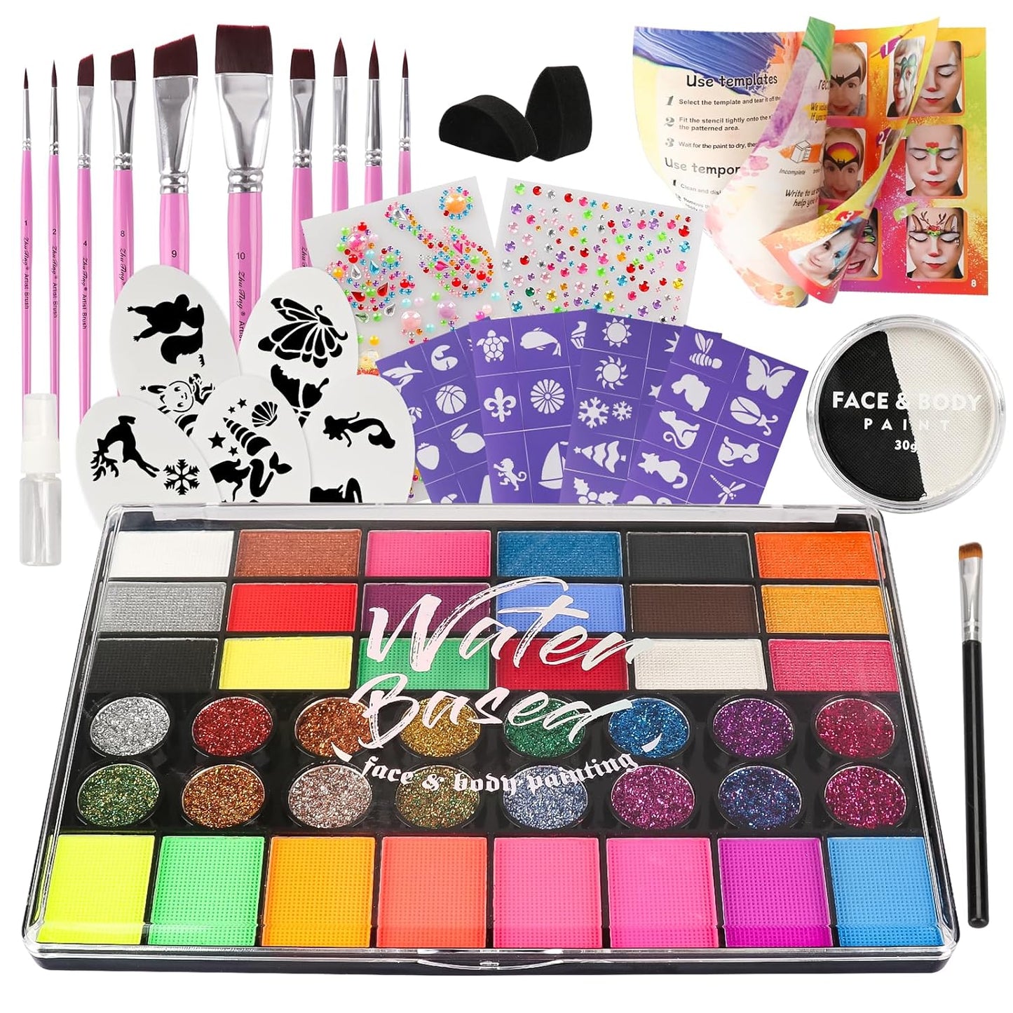42 Color Face Painting Kit for Kids + 30g Black & White Face Paint - Non Toxic Water Activated Face paint palette with Brushes, Stencils, Gems - For Halloween Makeup, Carnival, Parties & Cosplay