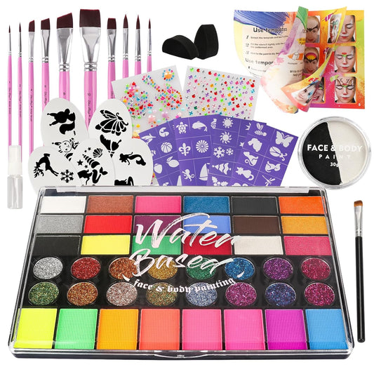 42 Color Face Painting Kit for Kids + 30g Black & White Face Paint - Non Toxic Water Activated Face paint palette with Brushes, Stencils, Gems - For Halloween Makeup, Carnival, Parties & Cosplay
