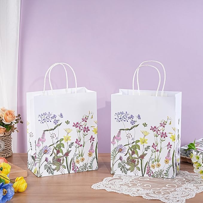 Loveinside Vintage Wildfloral Paper Gift Bag, Spring Flower Deisgn with Handles Grocery Shopping Bags Candy Goodie Bags for Birthday, Wedding, Spring, Mother's Day, 8" x 4" x 10", 12 Pcs