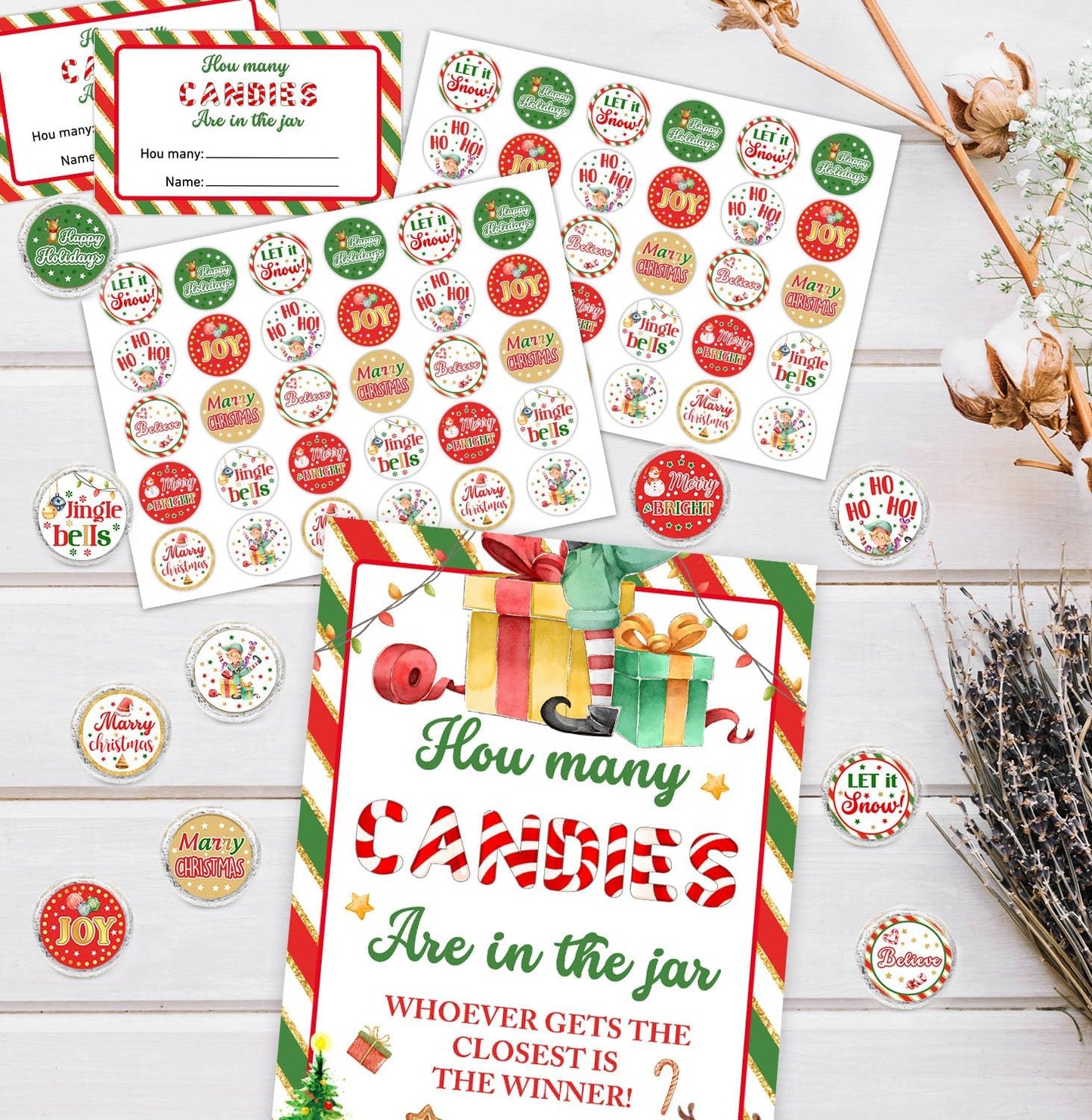 Guess How Many Christmas Kisses Game, How Many Kisses Standing Sign 50 Guessing Cards 180 Christmas Kisses Stickers, Christmas Games for Families, How Many Kisses Christmas Game Set for Christmas