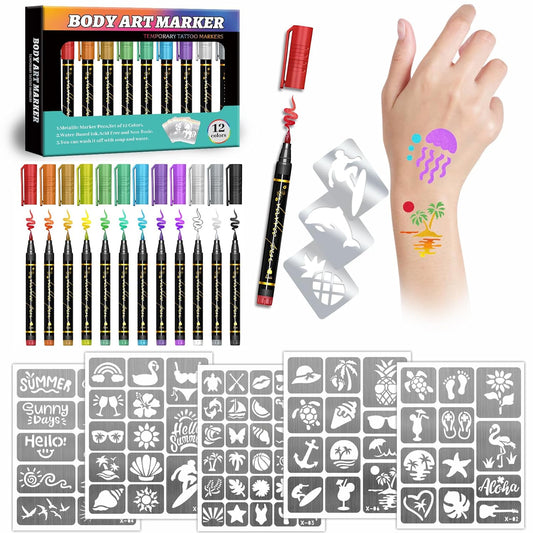 Temporary Tattoo Markers for Kids and Adults, 12 Metallic Markers and 150 Tattoo Stencil Designs, Cosmetic Tattoos Pens for Party Favor Gift and Face Painting