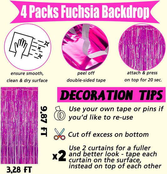 4 Pack Fuchsia Fringe Curtain Backdrop, 3.2Ft x 9.8Ft Metallic Tinsel Foil Fringe Streamers Background for Photo Booth Birthday Wedding Baby Shower Carnival Easter Mother’s Day Party Decorations