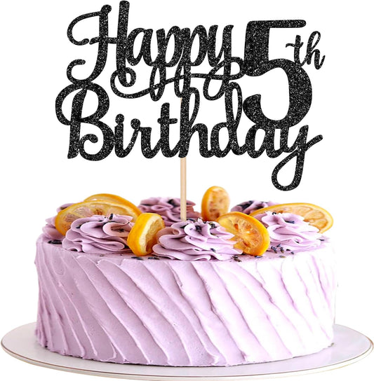 1 PCS Happy 5th Birthday Cake Topper Glitter Cheers to 5 Years Cake Pick Number 5 Fabulous Cake Decoration for 5th Birthday Theme Party Decorations Supplies Black