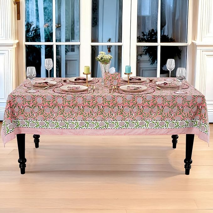 Ridhi Hand Block Print Strawberry Pink Rectangle Cotton Tablecloth 108" x 60" Reusable Table Cover Decorative Everyday Use for Dining, Farmhouse, Home Gift for Spring, Easter, Valentine