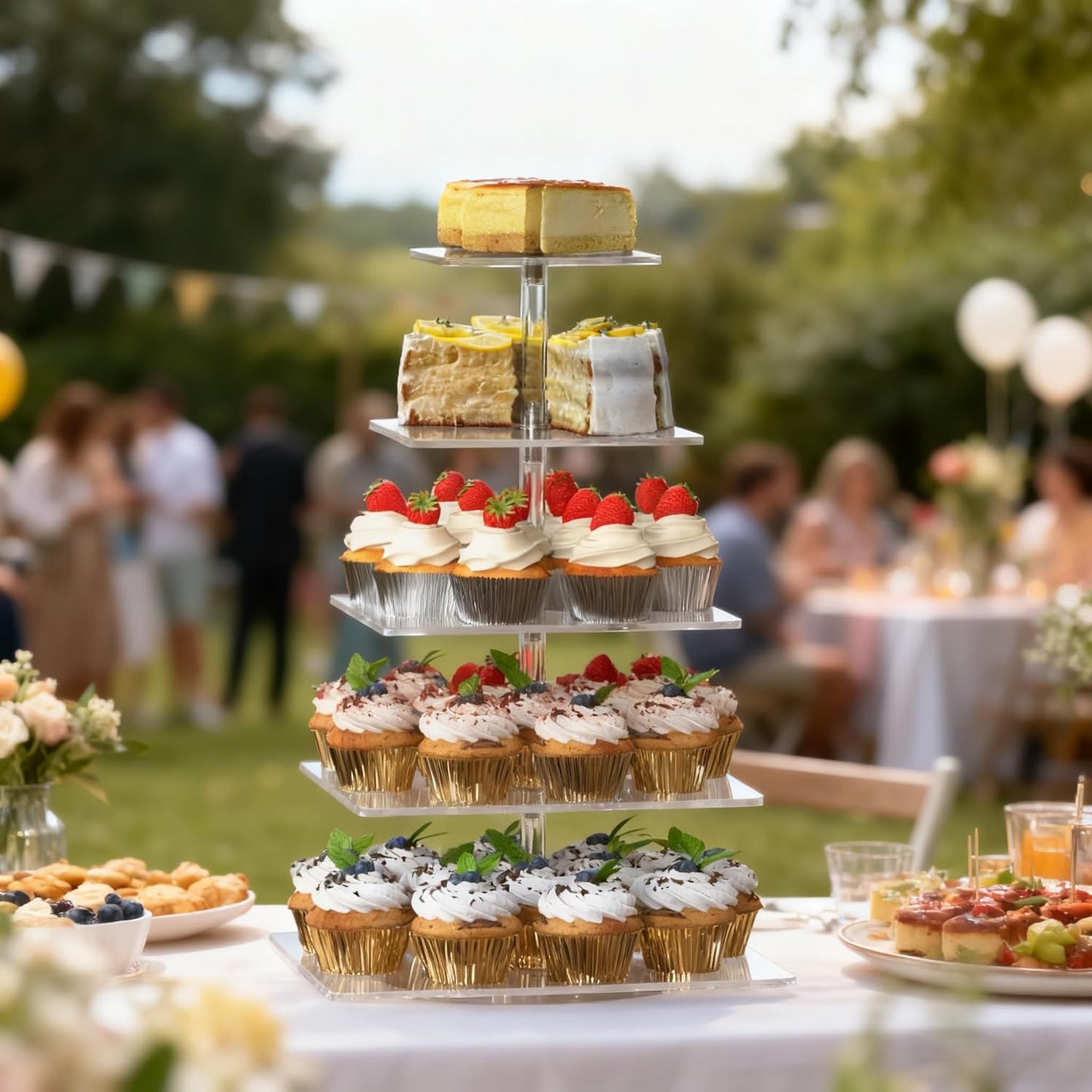 5-Tier Rotating Cupcake Stand, Clear Acrylic 360° Spinning Dessert Display Tower for Cakes & Pastries, Serving Stand for Weddings, Birthdays, Parties - Square