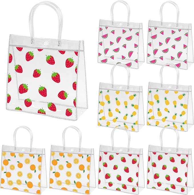 H1vojoxo Summer Fruit Gift Bags - 24PCS Strawberry Orange Watermelon Pineapple Clear PVC Gift Bags with Handles Reusable and Waterproof Mix Fruits Goodie Treat Tote Bag Summer Fruit Party Favor Bag