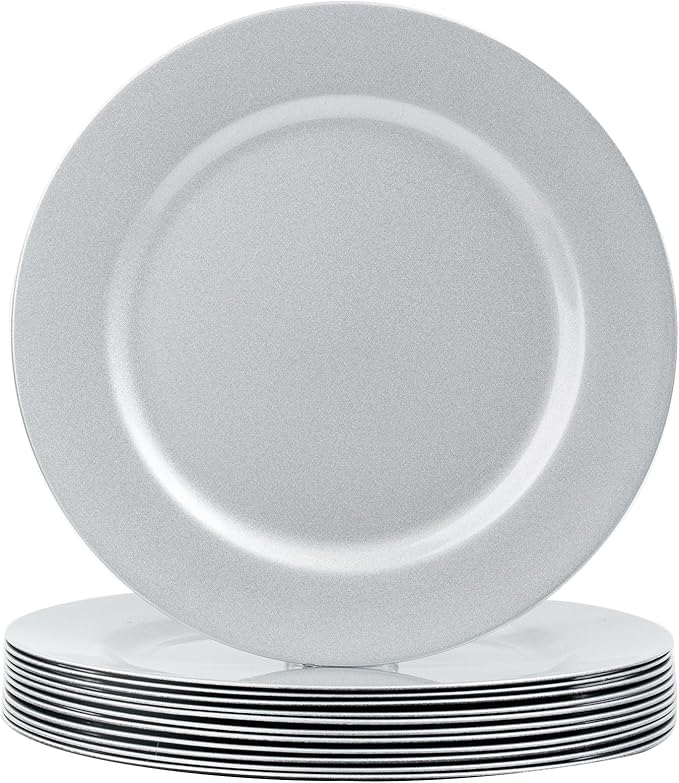 MAONAME Silver Charger Plates Set of 12, 13" Round Plate Chargers for Dinner Plate, Plastic Table Chargers for Wedding Decor, Party