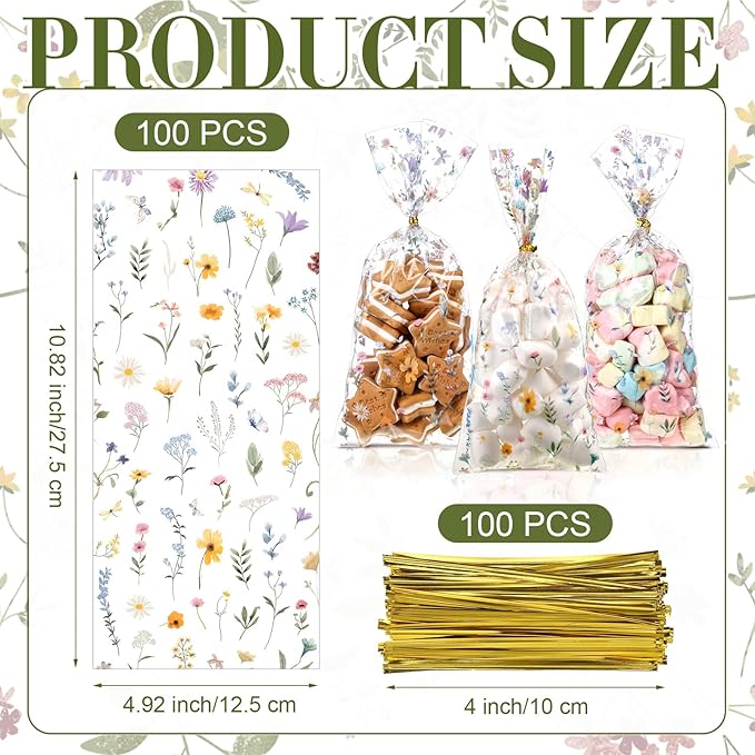 Sweetude 100 Pcs Wildflower Party Cellophane Treat Bags Floral Candy Plastic Clear Goody Bags Flat Bottom Gift supplies for Baby Shower Bridal Shower Birthday Wedding Party Favors,11 x 5