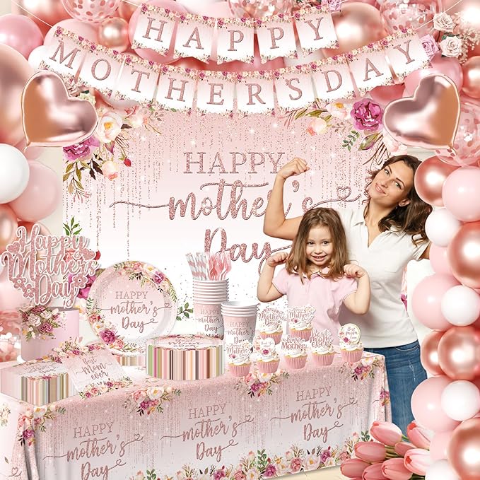 264Pcs Happy Mother's Day Party Supplies Tableware Set Pink Mother's Day Paper Plates and Napkins Best Mom Ever Paper Plates Napkins Forks Balloons Tablecloth Banner for Mother’s Day Serves 24 Guests