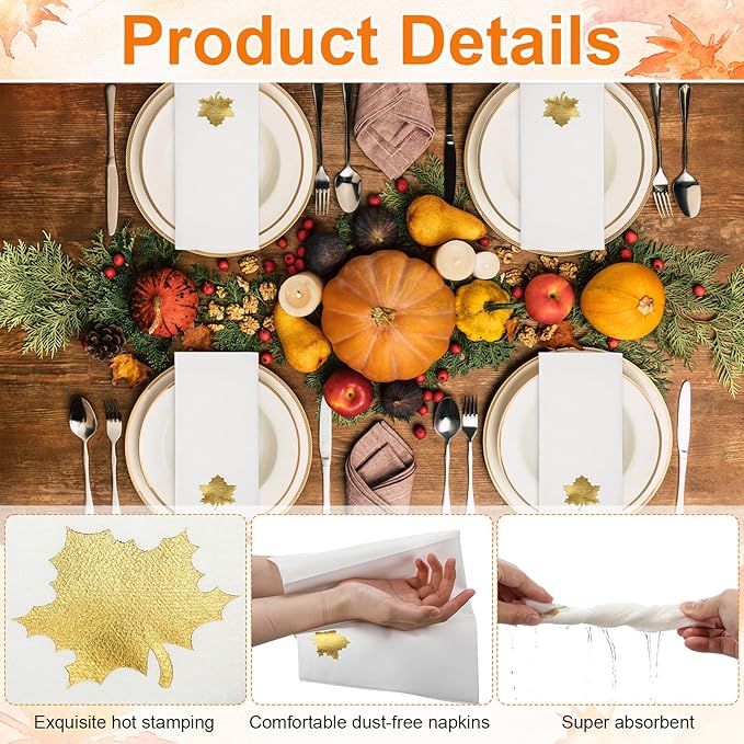 Janlaugh 100 Pcs Gold Thanksgiving Linen Disposable Bathroom Hand Towels Pumpkin Maple Leaves Foil Stamped Guest Napkins 12"x17" Paper Towels for Bathroom Home Lunch Dinner Kitchen(Maple Leaf)