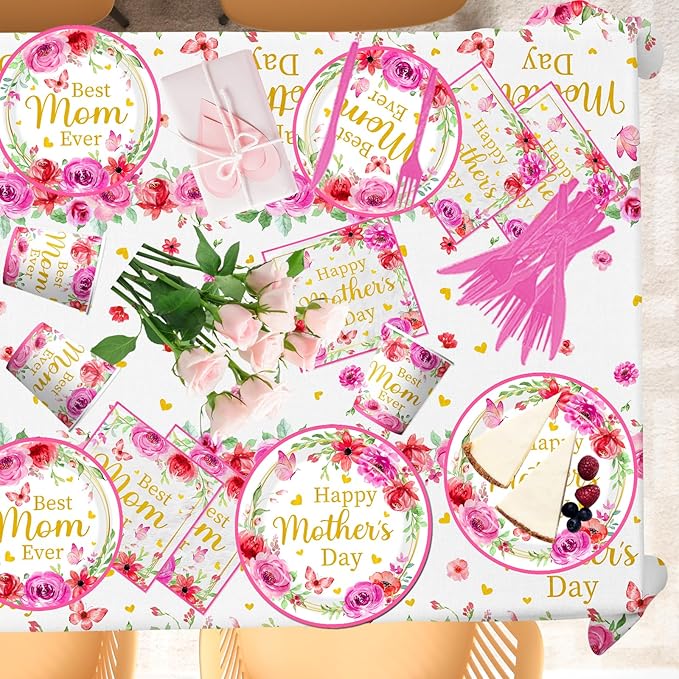 Mothers Day Decorations for Party,170Pcs Mother's Day Tableware Includes Happy Mothers Day Plates and Napkins,Tablecloth,Cups,Forks, Knives,Banner,Best Mom Ever Decoration,Sever 24